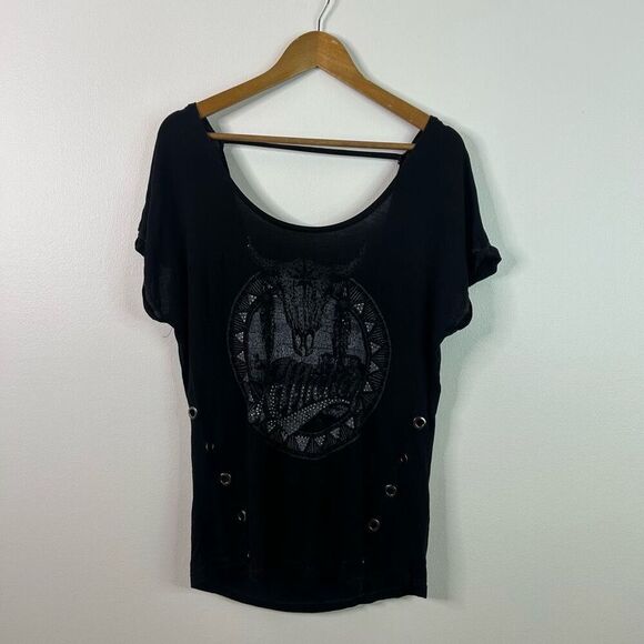 Affliction Womens Black Graphic Tee Size M‎ Bull Skull Studded Boho Western - Picture 1 of 11
